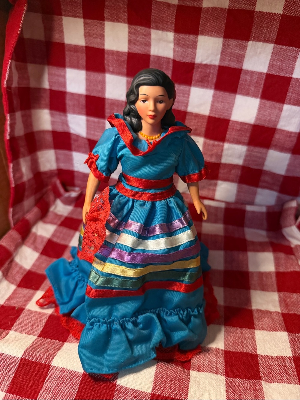 Avon Blue Multi-Stripe Maxi Dress with Red Trim